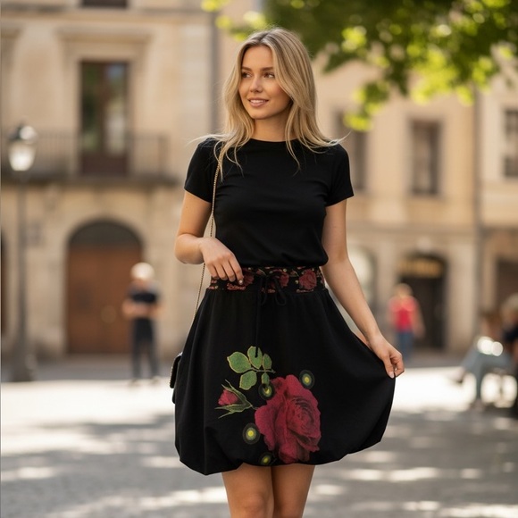 DESIGUAL (M) Balloon Floral Skirt Above Knee Elastic Waist Tie Soft Black - Picture 13 of 13